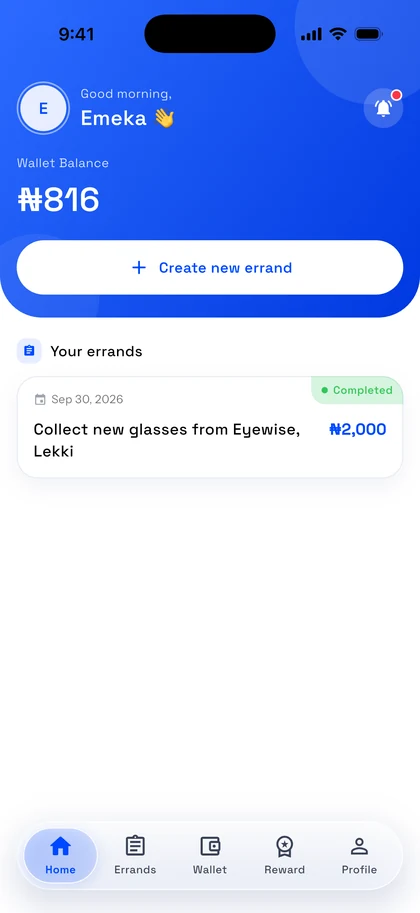 Home screen with wallet and errands