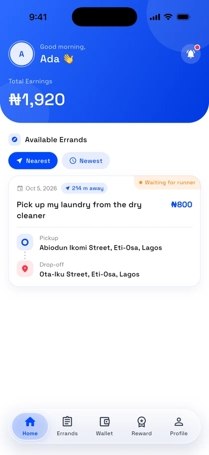 Runner feed: errands nearest to you first